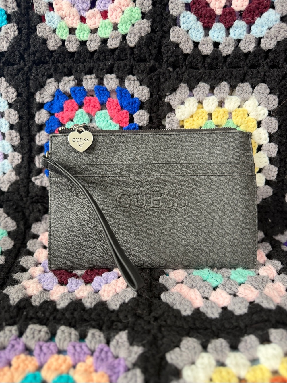 Guess Black Embossed Logo Wristlet Clutch with Heart Charm